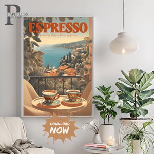 Espresso Digital Wall Art Printable Italian Cafe Poster Coastal Coffee Decor Mediterranean Kitchen Artwork Download for Coffee Enthusiasts