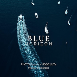 4 つの Blue Horizon Lightroom プリセットと LUT、鮮やかな深みのあるブルーのトーン、自然海の写真、旅行風景の編集、ダークブルーのフィルター