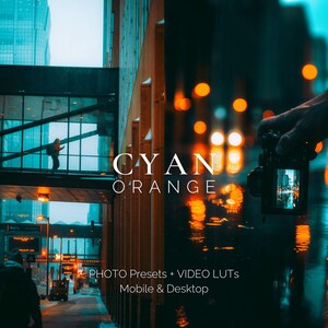 Puede incluir: Una escena de ciudad con una persona caminando por una pasarela de vidrio. El texto "CYAN ORANGE" está en el centro de la imagen. El texto "PHOTO PRESETS + VIDEO LUTs Mobile & Desktop" está en la parte inferior de la imagen.