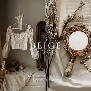 May include: Beige and white photo presets and video LUTs for mobile and desktop. The image shows a white blouse, a vintage mirror, a book, and dried flowers.