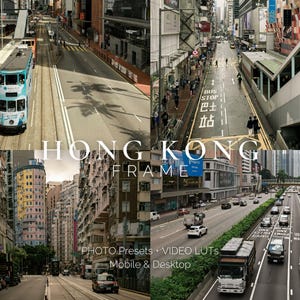 以下が含まれることがあります： 香港の街並みを捉えた4枚の画像のコラージュ。左上の画像は、青い白の路面電車が建物の並ぶ通りを走っている様子。右上の画像は、歩行者が店を通り過ぎて歩く通りと、「BUS STOP 巴士站」と書かれたバス停の標識。左下の画像は、高い建物が立ち並ぶ通りと、ユニークなデザインの黄色い建物。右下の画像は、木々が並ぶ道路を走る車やトラックで賑わう通り。
