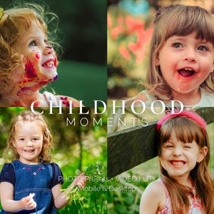 May include: Four photos of young children in a collage. The photos show children playing outdoors, with one child covered in paint, one child smiling with a pink headband, and two children smiling with their mouths open.