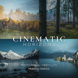 May include: A collage of four images showcasing different landscapes. The top left image shows a deer in a foggy forest. The top right image shows a dark forest with tall trees. The bottom left image shows a mountain range with snow-capped peaks reflected in a lake. The bottom right image shows a village with a church in the background, surrounded by water.