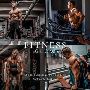 May include: Fitness Glow: Photo Presets and Video LUTs for mobile and desktop.  A collage of three images showing people working out in a gym.