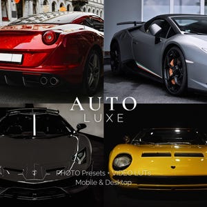 Puede incluir: Un collage de cuatro coches deportivos de lujo. La imagen superior izquierda muestra un Ferrari rojo, la imagen superior derecha muestra un Lamborghini gris, la imagen inferior izquierda muestra un Lamborghini negro y la imagen inferior derecha muestra un Lamborghini amarillo. El texto "AUTO LUXE" está en el centro del collage. El texto "PHOTO PRESETS + VIDEO LUTs Mobile & Desktop" está en la parte inferior del collage.