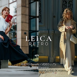 Può includere: Due donne con abiti diversi si trovano davanti a un edificio. Il testo "LEICA RETRO" è visualizzato al centro dell'immagine. Il testo "PHOTO PRESETS + VIDEO LUTs Mobile & Desktop" è visualizzato nella parte inferiore dell'immagine.