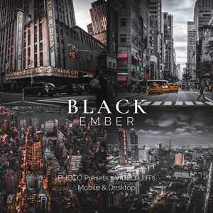 Könnte beinhalten: Ein geteiltes Bild, das eine Skyline einer Stadt bei Nacht mit einem warmen Schein und eine Straßenszene einer Stadt bei Tag mit einem Schwarzweißfilter zeigt. Der Text "BLACK EMBER" befindet sich in der Mitte des Bildes. Der Text "PHOTO PRESETS + VIDEO LUTs - Mobile & Desktop" befindet sich am unteren Rand des Bildes.