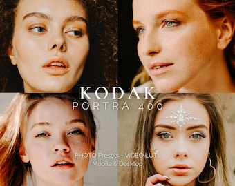 Puede incluir: Un collage de cuatro imágenes con diferentes mujeres con diversos tonos de piel y peinados. Las imágenes están dispuestas en una cuadrícula. El texto "KODAK PORTRA 400" se superpone a las imágenes. El texto "PHOTO PRESETS + VIDEO LUTs Mobile & Desktop" está en la parte inferior del collage.