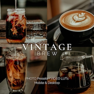 Könnte beinhalten: Eine Collage aus vier Bildern mit verschiedenen Arten von Kaffeegetränken. Das obere linke Bild zeigt ein Glasgefäß gefüllt mit Eiskaffee und Milch. Das obere rechte Bild zeigt eine Tasse Latte-Art-Kaffee. Das untere linke Bild zeigt ein Glas Eiskaffee mit Milch. Das untere rechte Bild zeigt eine Glaskaraffe gefüllt mit Eiskaffee. Der Text "Vintage Brew" wird in der Mitte der Collage angezeigt. Der Text "PHOTO PRESETS + VIDEO LUTs Mobile & Desktop" wird am unteren Rand der Collage angezeigt.