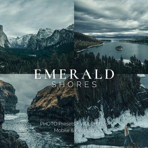 May include: A collage of four images showcasing the beauty of nature. The top left image features a mountain range with snow-capped peaks. The top right image shows a lake surrounded by trees. The bottom left image shows a rocky shoreline with a waterfall. The bottom right image shows a person standing on a rocky shoreline with a lake in the background. The text "EMERALD SHORES" is displayed in the center of the collage. Below the text is the phrase "PHOTO PRESETS + VIDEO LUTs Mobile & Desktop".