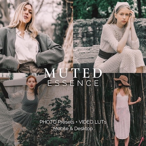 Puede incluir: Un collage de tres imágenes con mujeres que llevan diferentes atuendos. La primera imagen muestra a una mujer con un blazer gris a cuadros y una camisa blanca. La segunda imagen muestra a una mujer con un vestido blanco de crochet con un cinturón marrón. La tercera imagen muestra a una mujer con un vestido blanco y un sombrero marrón. El texto "MUTED ESSENCE" se muestra en el centro del collage. El texto "PHOTO PRESETS + VIDEO LUTs" se muestra debajo del collage. El texto "Mobile & Desktop" se muestra debajo del texto anterior.