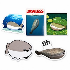 May include: A collection of five stickers featuring various fish illustrations. One sticker shows a fish underwater, another mimics a movie poster with the text JAWLESS, one depicts a fish under lily pads, and two show stylized fish, one with the text fih.