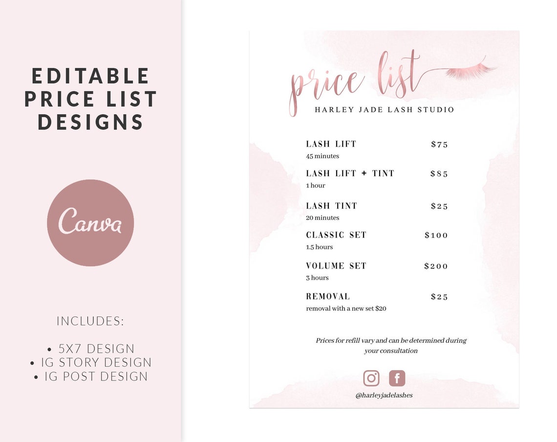 Price List Template Lash Price List Eyelash Extensions Instant Etsy