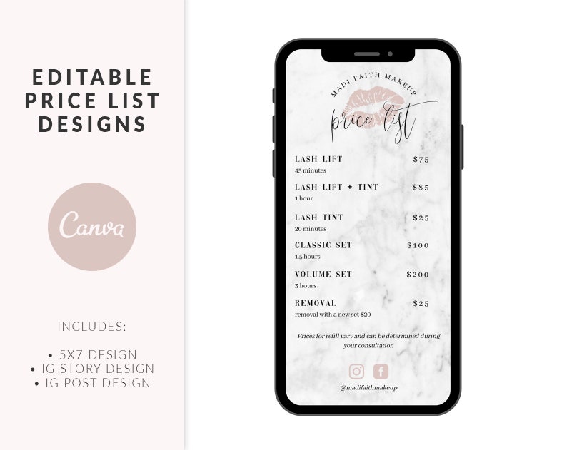 Price List Template Lash Price List Eyelash Extensions Etsy