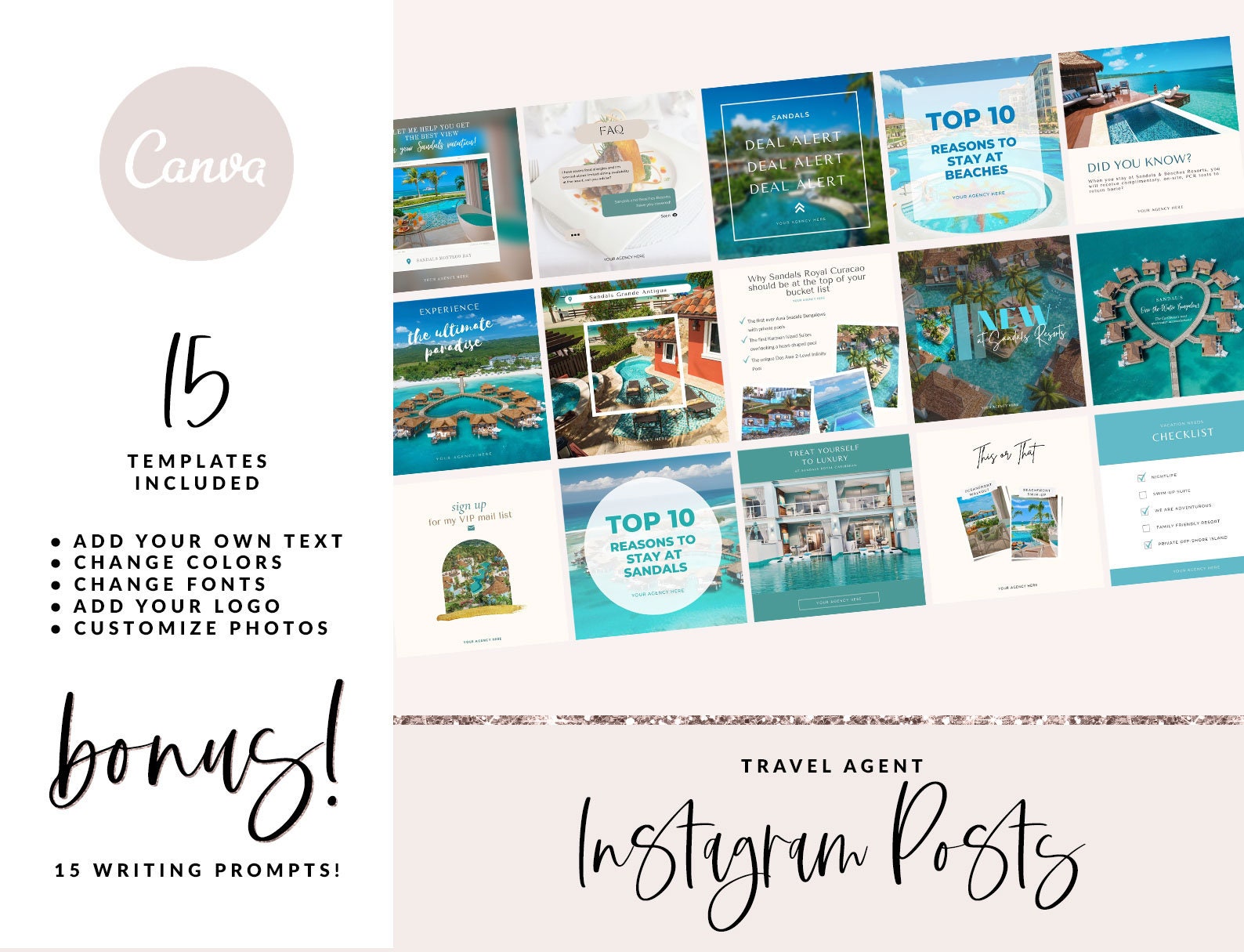 Travel Agent Instagram Post Templates Sandals Travel Agent - Etsy