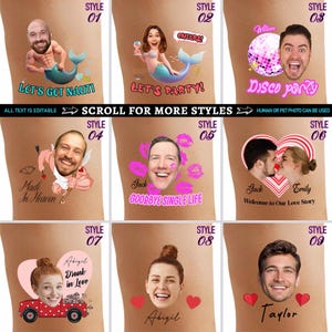 May include: A grid of nine customizable temporary tattoo designs featuring various illustrations including mermaids, disco balls, cupids, hearts, and trucks, each incorporating a person's face and text such as Let's Get Nauti, Disco Party, and Made In Heaven.