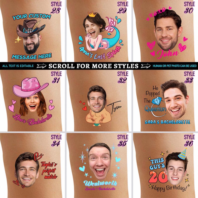 May include: A collection of nine customizable temporary tattoo designs featuring various human faces, colorful graphics, and text. Styles include cowboy hats, mermaid tails, engagement rings, and birthday themes with editable text options for personalization.