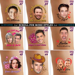 May include: A collection of nine custom temporary tattoo designs featuring various portraits of people paired with decorative text, colorful graphics, and event-themed slogans. Each style is numbered from 37 to 45, showcasing diverse layouts.