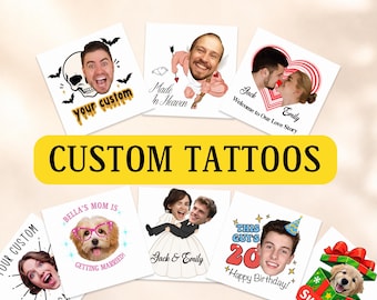 May include: A collection of square custom temporary tattoos featuring various designs including a skull with bats, a cupid, a couple in a heart, a dog with pink glasses, a bride and groom, a birthday theme, and a dog in a gift box.