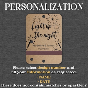 May include: A brown card with a white border and a black design that says "Light up the night" with a firework design. The card has a space for personalisation with the names "Madeline & James" and the date "02/06/24".