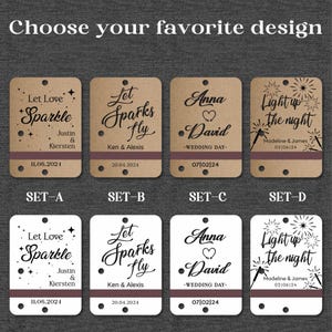 May include: Four different designs for wedding favour tags. Each tag is a rectangle with rounded corners and features a different design with text. The first tag says "Let Love Sparkle" with a date and names. The second tag says "Let Sparks Fly" with a date and names. The third tag says "Anna & David - Wedding Day" with a date. The fourth tag says "Light up the night" with a date and names.