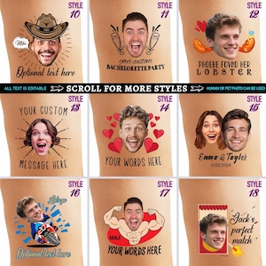 May include: A collection of nine custom temporary tattoo designs featuring various illustrations and personalized text options. Each style displays a unique graphic element, such as a cowboy hat, hearts, a motorcycle, or a matchbox, alongside a portrait.