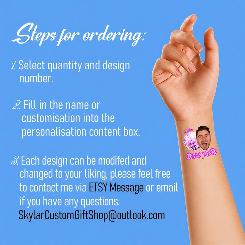 May include: A temporary tattoo on a forearm featuring a disco ball and a person's face with the text Disco party. The image includes instructions: 1. Select quantity and design number. 2. Fill in the name or customisation. 3. Contact via Etsy Message or email.