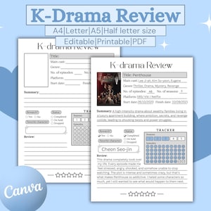 May include: A printable K-Drama review sheet with a light blue background. The sheet includes sections for title, cast, genre, and a tracker. The sample review is for the show "Penthouse".