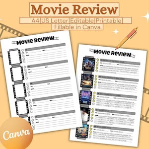 Könnte beinhalten: Zwei druckbare Filmkritik-Blätter mit einem Filmstreifen-Design. Die Blätter enthalten Abschnitte für Bewertung, Notizen und Filmdetails. Auf dem oberen Blatt steht "Movie Review" und "A4/US Letter Editable Printable Fillable in Canva".