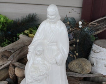 Ceramic Christmas  Large Nativity  White Glazed Ceramic  Mary Joseph and Baby Jesus