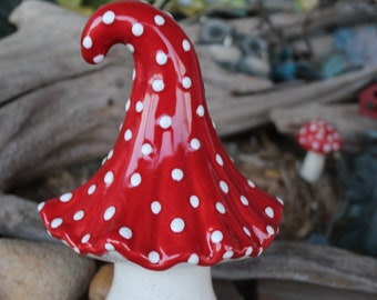 Ceramic Garden Mushroom Button Curl  top  Fabulous  red with white dots  Mushroom mushroom statue   Pottery shroom