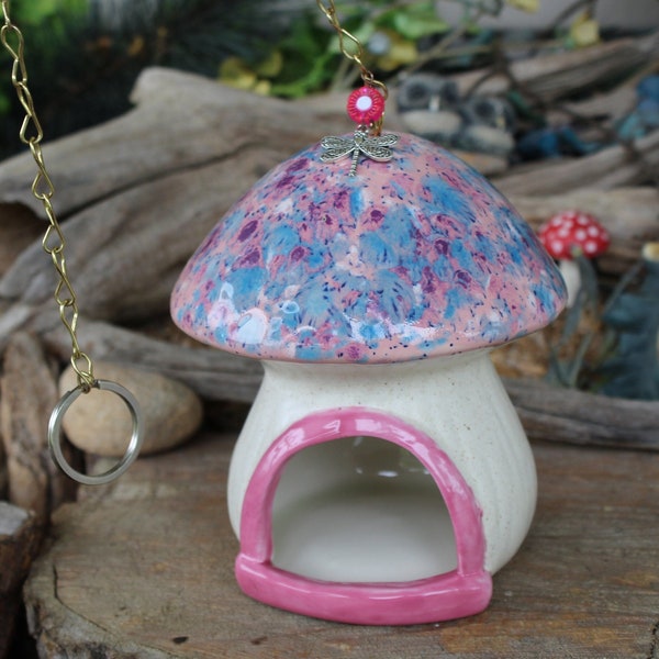 Ceramic Mushroom crystal Glazed Toadstool Hanging  Bird Feeder Mushroom House - Unique home Gnome, Fairy Garden or hamster house