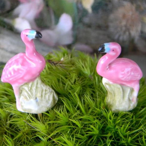 My Most tiny Itty Bitty flamingo  set of 2  Ceramic mini  for  Terrariums or miniature gardens or clay houses