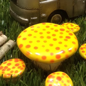 Fairy Garden Furniture Ceramic  Mushroom Table 4 Chairs   handmade 5 pc yellow & orange  Glazed miniature garden decor