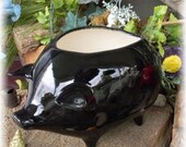 Pig Planter Ceramic Glazed from a Vintage mold design BLACK Hog Fat Boy Biker piggie Flower container