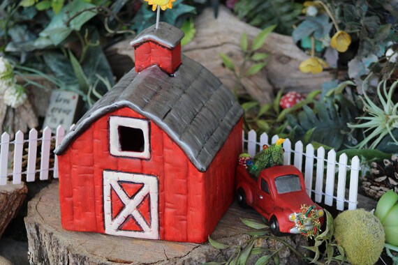 Red Barn Farm House Fairy House Ceramic Ceramic Hand Etsy
