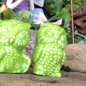 May include: Two green ceramic owls with white spots. The owls are sitting on a wooden surface.