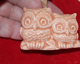 Ceramic  Owl Ornament in   coral  Baby Owl & Momma  cm