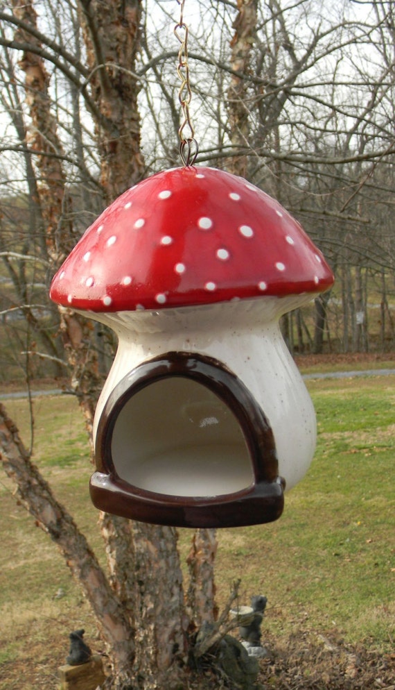 Ceramic Mushroom Red Toadstool Hanging Ceramic Bird Feeder Etsy