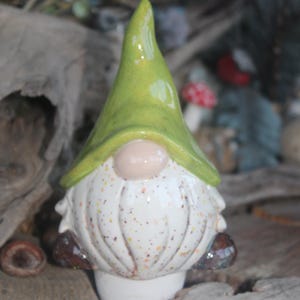 Può includere: Una statuetta di gnomo da giardino in ceramica con un alto cappello a punta verde lime lucido, un naso beige liscio e una barba bianca punteggiata da piccoli puntini arancioni e marroni. Lo gnomo ha piedi arrotondati marrone scuro e una base.