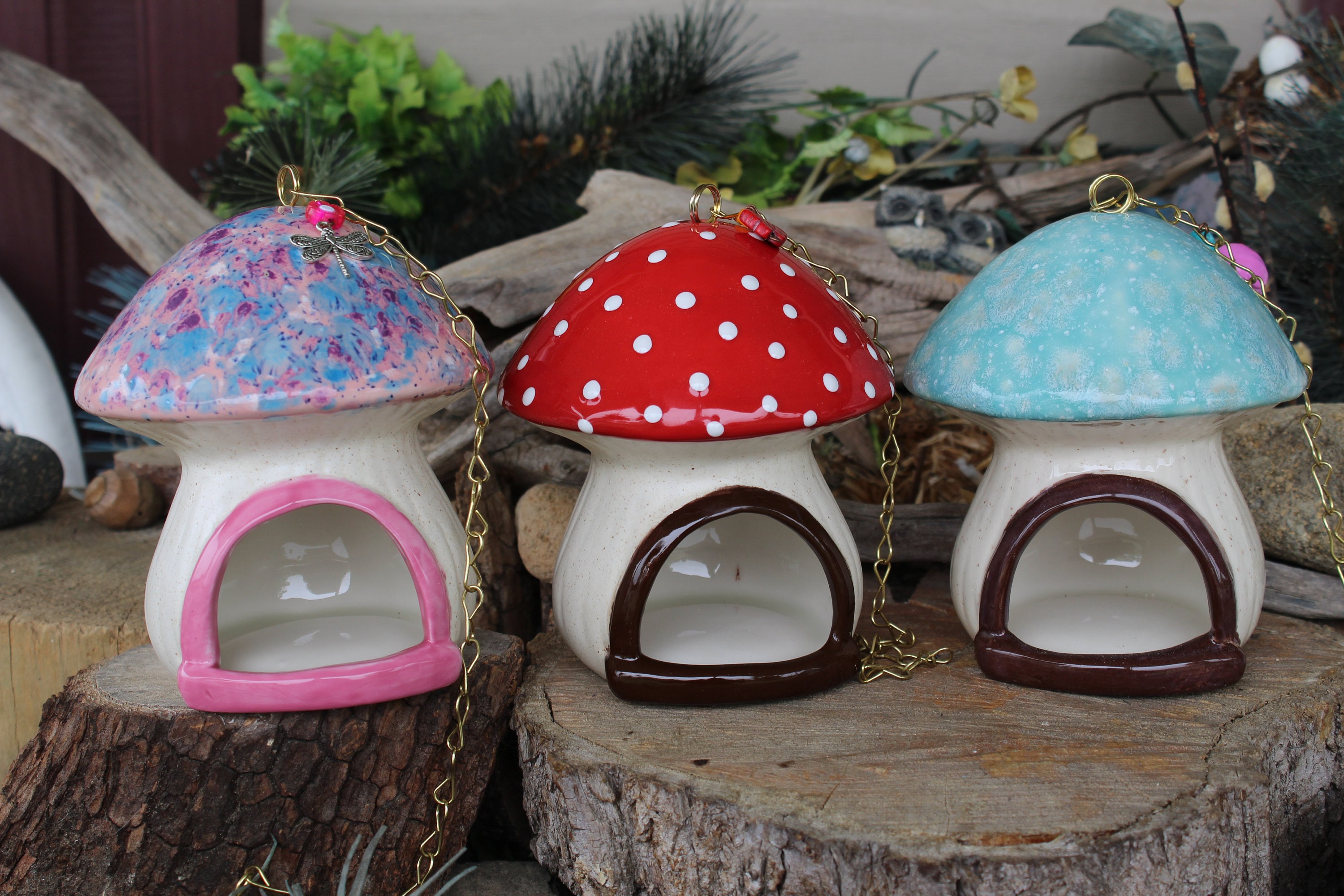 Ceramic Mushroom Crystal Glazed Toadstool Hanging Bird Feeder