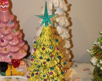 Ceramic Christmas  Slim Tree 7" Vintage  style  desk top - nursing home Office or small spaces Spring Easter tree w rabbit topper