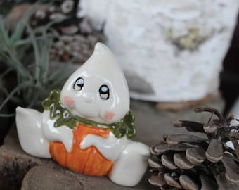 Ghost with pumpkin tummy  ceramic pottery statue fall Halloween decor