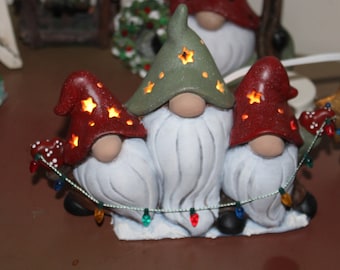 Garden Gnome set of 3 Trio of gardeners - Lights n hand