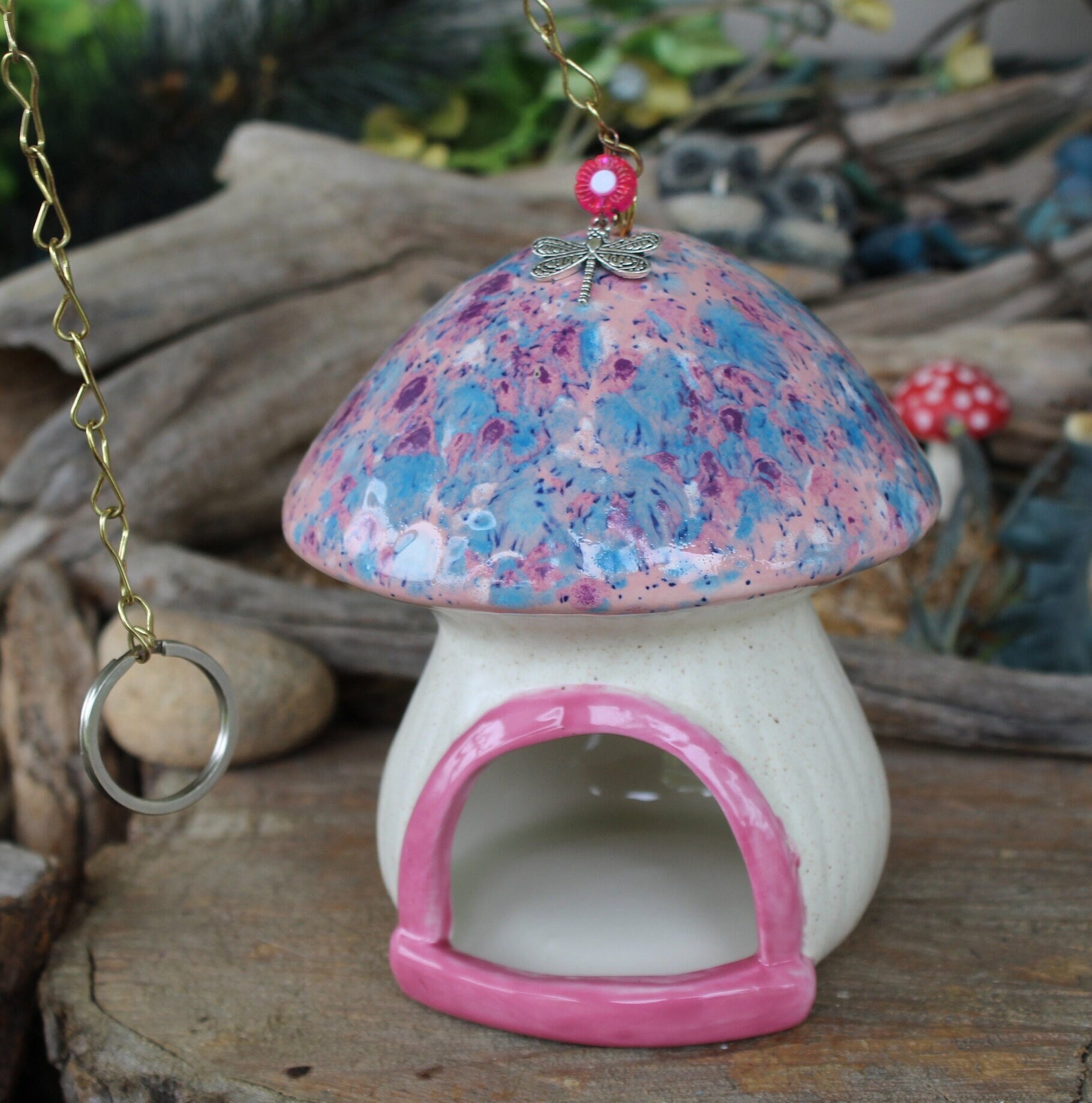 Ceramic Mushroom Glazed Toadstool Hanging Bird Feeder - Unique