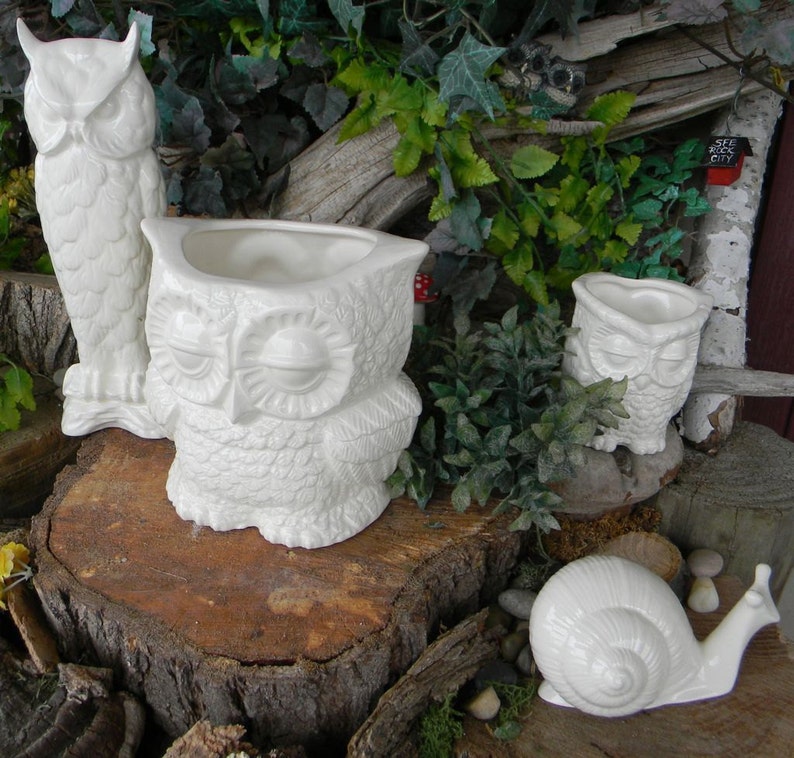 May include: Three white ceramic owl planters, one large and two small, with a white ceramic snail planter. The owls have closed eyes and detailed feathers. The snail has a spiral shell and a long tail. The planters are sitting on a tree stump with green foliage in the background.