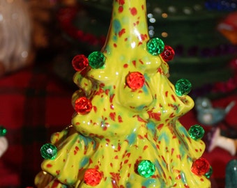 Ceramic Christmas Tree 7"  Vintage  style  desk top - nursing home red green crystal lights  Battery LED lighted