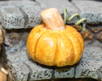 Ceramic Pumpkin Miniature w/ curly q  & leaf  Fairytale Funkins   Hand Sculpted unique squash