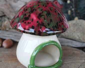 Ceramic Mushroom   Toadstool Hanging Ceramic Bird Feeder Mushroom House - Unique home for your Gnome, hamster or birds