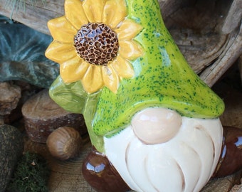 Garden Gnome  Traveling Sized  gnome selfie  Sunflower gnome  -ceramic glazed gnome